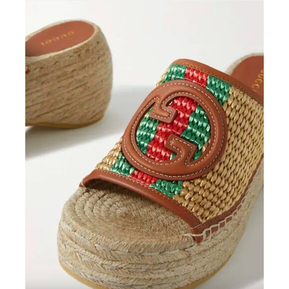 Gucci Adela Leather Trimmed Raffia Wedge Espadrilles - Picture 3 of 16